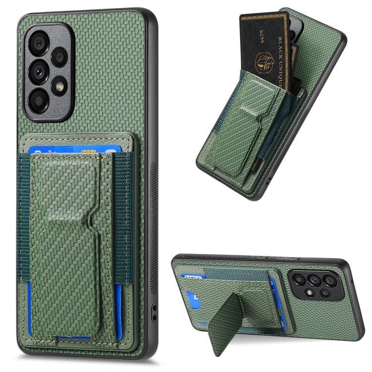 Custodia per telefono con borsa elastica per carte con supporto pieghevole in fibra di carbonio, For Samsung Galaxy S23 5G, For Samsung Galaxy A04 4G, For Samsung Galaxy M53 5G, For Samsung Galaxy M23 5G