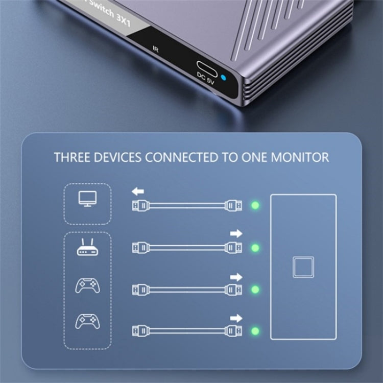 Q803 Per TV/Monitor/Fotocamera Convertitore switch 8K HDMI 3-in-1-out con porta USB-C 5V, Q803