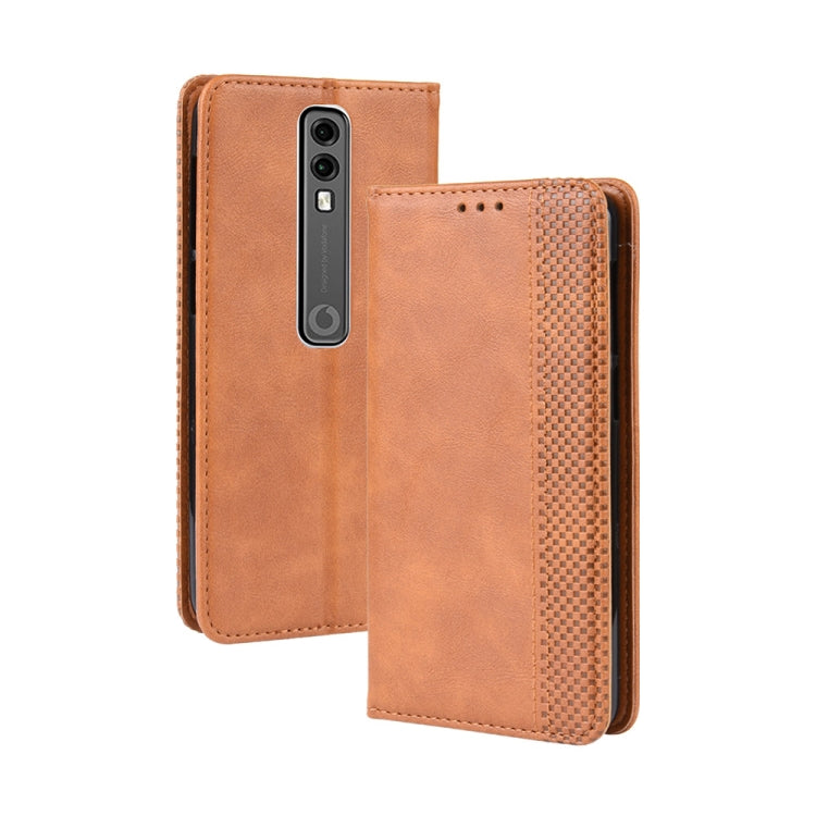 Custodia in pelle a vibrazione orizzontale con struttura retrò Crazy Horse con fibbia magnetica per Vodafone Smart V10 (VFD730), con supporto e slot per schede e cornice per foto
