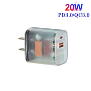 Caricabatterie per telefono cellulare USB PD3.0 Type-C + QC3.0 trasparente, presa americana, US Plug