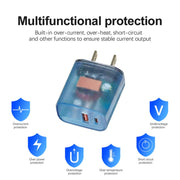 Caricabatterie per telefono cellulare USB PD3.0 Type-C + QC3.0 trasparente, presa americana, US Plug