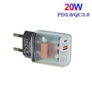 Caricabatterie per telefono cellulare USB PD3.0 Type-C + QC3.0 trasparente, presa europea, EU Plug