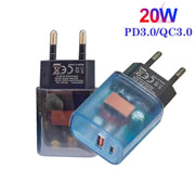 Caricabatterie per telefono cellulare USB PD3.0 Type-C + QC3.0 trasparente, presa europea, EU Plug