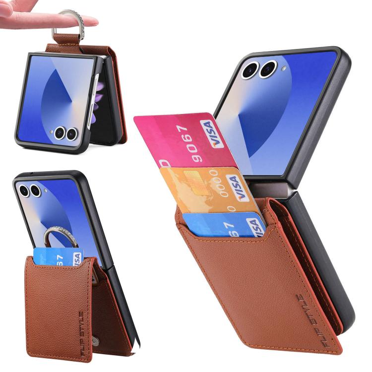 Custodia per telefono con portafoglio ad anello in pelle con trama litchi, For Galaxy Z Flip8 5G, For Galaxy Z Flip7 5G, For Galaxy Z Flip6