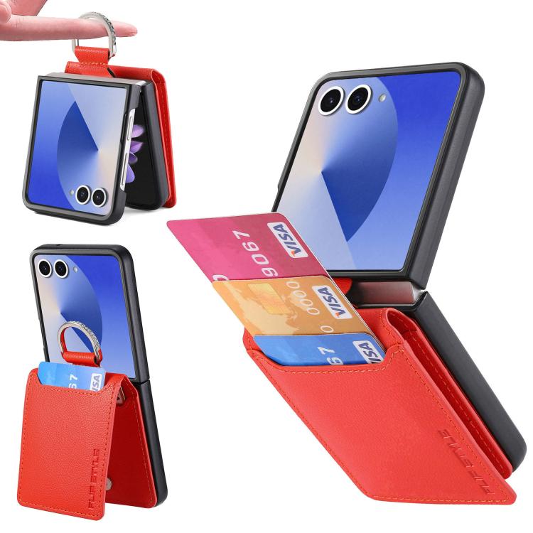 Custodia per telefono con portafoglio ad anello in pelle con trama litchi, For Galaxy Z Flip8 5G, For Galaxy Z Flip7 5G, For Galaxy Z Flip6