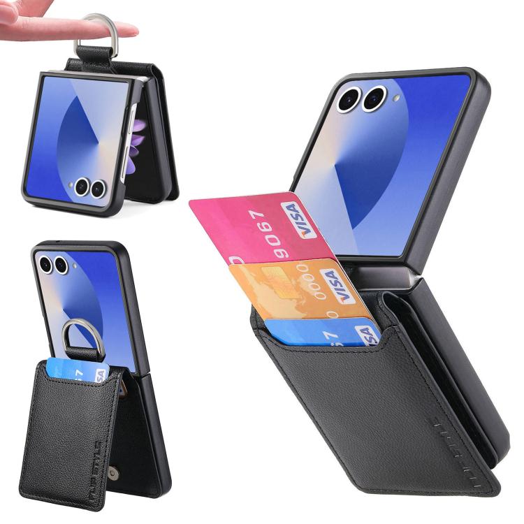 Custodia per telefono con portafoglio ad anello in pelle con trama litchi, For Galaxy Z Flip8 5G, For Galaxy Z Flip7 5G, For Galaxy Z Flip6