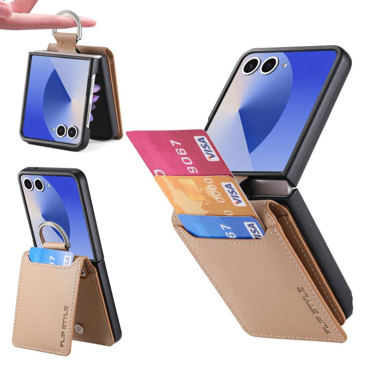 Custodia per telefono con portafoglio ad anello in pelle con trama litchi, For Galaxy Z Flip8 5G, For Galaxy Z Flip7 5G, For Galaxy Z Flip6