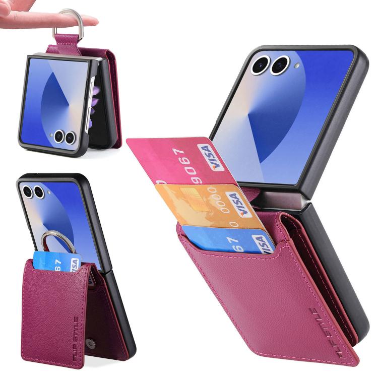 Custodia per telefono con portafoglio ad anello in pelle con trama litchi, For Galaxy Z Flip8 5G, For Galaxy Z Flip7 5G, For Galaxy Z Flip6