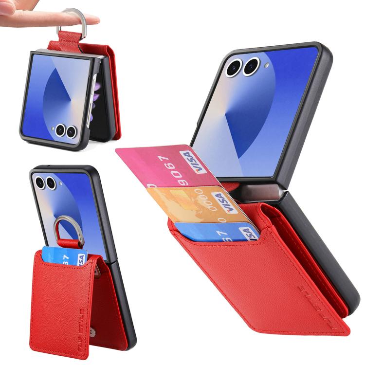 Custodia per telefono con portafoglio ad anello in pelle con trama litchi, For Galaxy Z Flip8 5G, For Galaxy Z Flip7 5G, For Galaxy Z Flip6