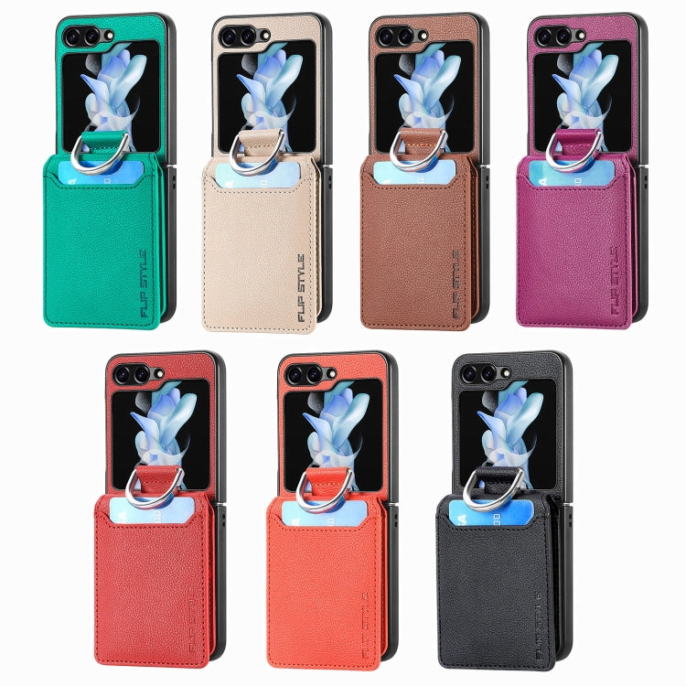 Custodia per telefono con portafoglio ad anello in pelle con trama litchi, For Galaxy Z Flip8 5G, For Galaxy Z Flip7 5G, For Galaxy Z Flip6