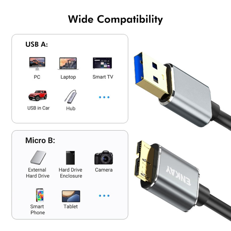 Cavo dati per disco rigido della fotocamera ENKAY USB 3.0 A a USB 3.0 Micro B 5 Gbps, 0.5m, 1m, 1.5m