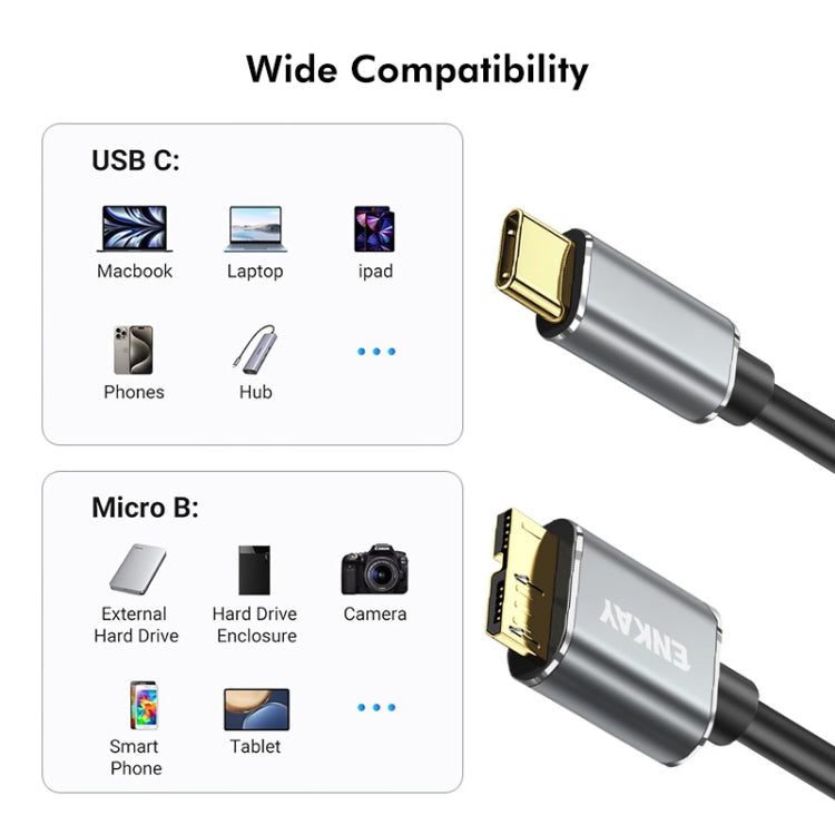 Cavo dati per disco rigido da fotocamera ENKAY USB 3.1 tipo C a USB 3.0 Micro B 10 Gbps, 0.5m, 1m, 1.5m, 0.25m