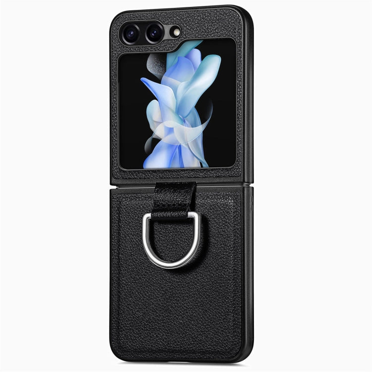 Custodia per telefono con anello in pelle con texture Litchi, For Galaxy Z Flip8 5G, For Galaxy Z Flip7 5G, For Galaxy Z Flip6 5G