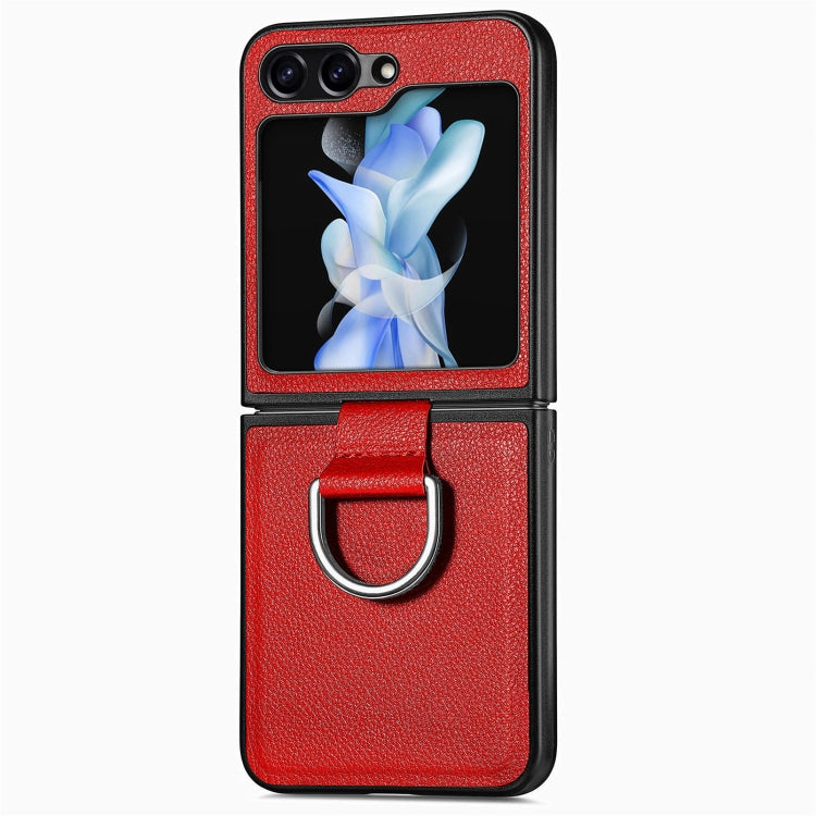 Custodia per telefono con anello in pelle con texture Litchi, For Galaxy Z Flip8 5G, For Galaxy Z Flip7 5G, For Galaxy Z Flip6 5G