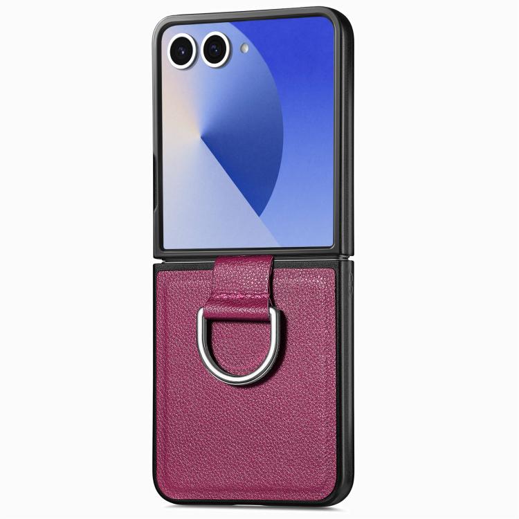 Custodia per telefono con anello in pelle con texture Litchi, For Galaxy Z Flip8 5G, For Galaxy Z Flip7 5G, For Galaxy Z Flip6 5G