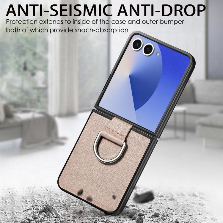 Custodia per telefono con anello in pelle con texture Litchi, For Galaxy Z Flip8 5G, For Galaxy Z Flip7 5G, For Galaxy Z Flip6 5G