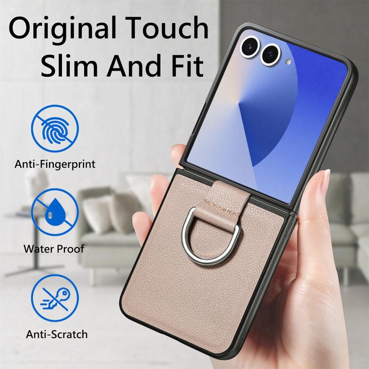 Custodia per telefono con anello in pelle con texture Litchi, For Galaxy Z Flip8 5G, For Galaxy Z Flip7 5G, For Galaxy Z Flip6 5G