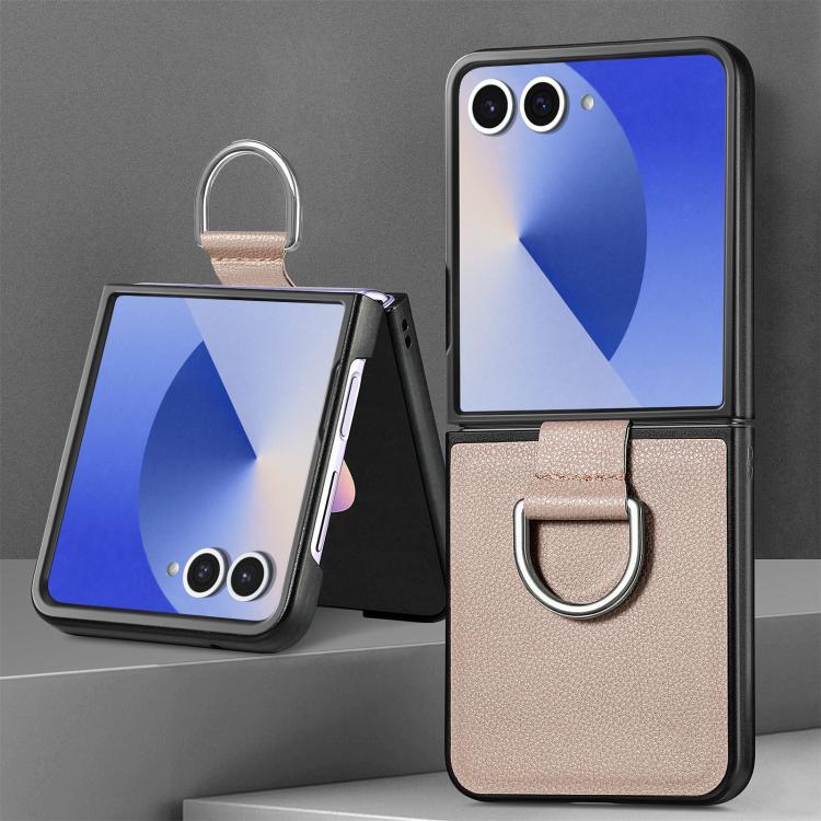 Custodia per telefono con anello in pelle con texture Litchi, For Galaxy Z Flip8 5G, For Galaxy Z Flip7 5G, For Galaxy Z Flip6 5G