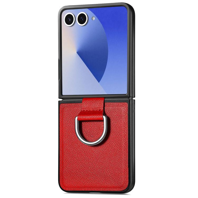 Custodia per telefono con anello in pelle con texture Litchi, For Galaxy Z Flip8 5G, For Galaxy Z Flip7 5G, For Galaxy Z Flip6 5G