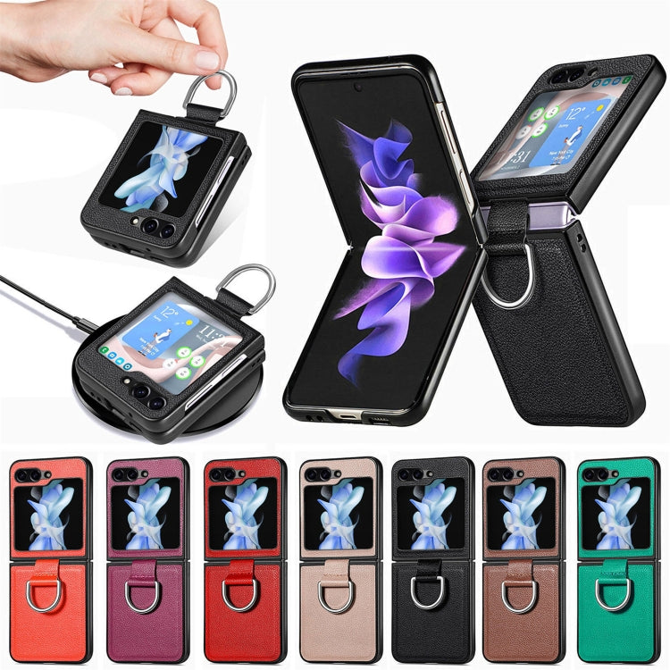 Custodia per telefono con anello in pelle con texture Litchi, For Galaxy Z Flip8 5G, For Galaxy Z Flip7 5G, For Galaxy Z Flip6 5G
