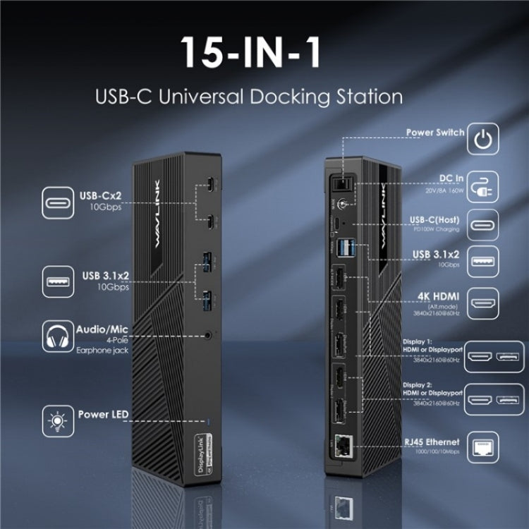 Stazione di aggancio per laptop con triplo display 4K WAVLINK UG69PD25 Pro 100W PD, US Plug, EU Plug, UK Plug, AU Plug