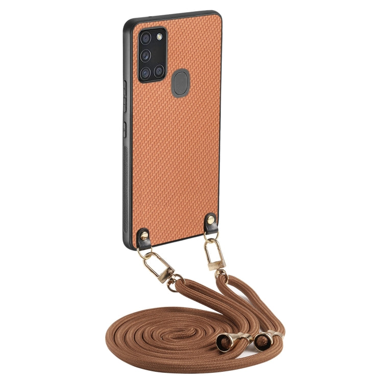 Custodia per telefono con retro in pelle con trama in fibra di carbonio e tracolla, For Samsung Galaxy S21+ 5G, For Samsung Galaxy S21 Ultra 5G, For Samsung Galaxy A21s, For Samsung Galaxy A71 4G