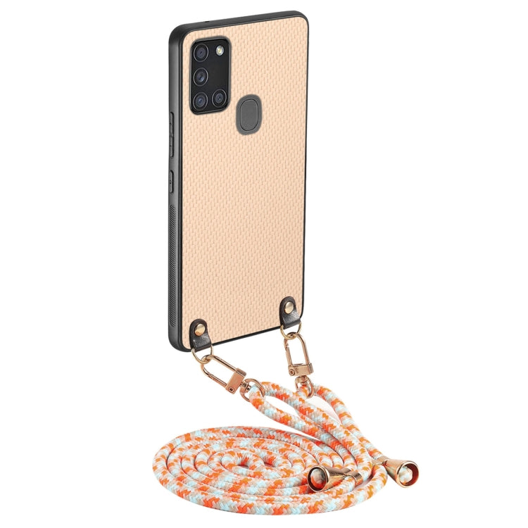 Custodia per telefono con retro in pelle con trama in fibra di carbonio e tracolla, For Samsung Galaxy S21+ 5G, For Samsung Galaxy S21 Ultra 5G, For Samsung Galaxy A21s, For Samsung Galaxy A71 4G