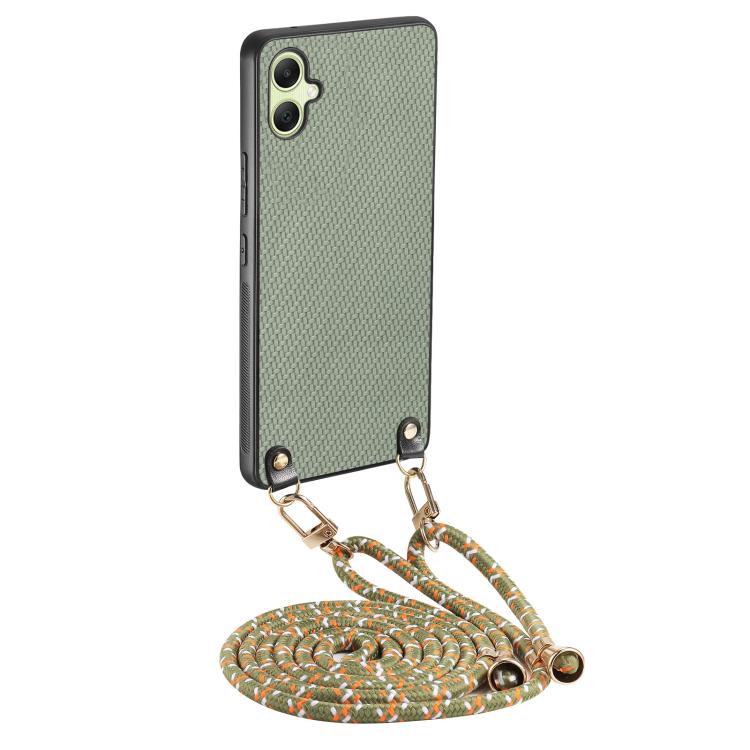 Custodia per telefono con retro in pelle con trama in fibra di carbonio e tracolla, For Samsung Galaxy A05, For Samsung Galaxy S23 FE 5G, For Samsung Galaxy A34 5G, For Samsung Galaxy A54 5G