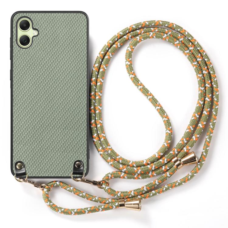 Custodia per telefono con retro in pelle con trama in fibra di carbonio e tracolla, For Samsung Galaxy A05, For Samsung Galaxy S23 FE 5G, For Samsung Galaxy A34 5G, For Samsung Galaxy A54 5G