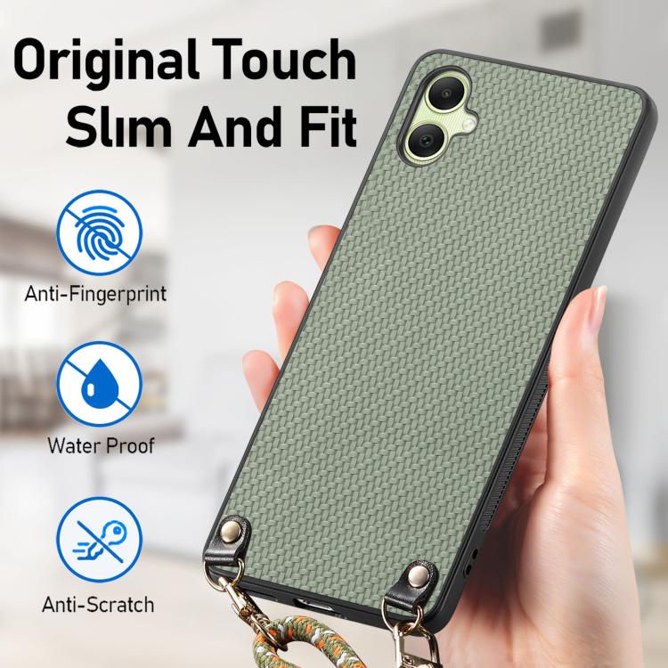 Custodia per telefono con retro in pelle con trama in fibra di carbonio e tracolla, For Samsung Galaxy A05, For Samsung Galaxy S23 FE 5G, For Samsung Galaxy A34 5G, For Samsung Galaxy A54 5G