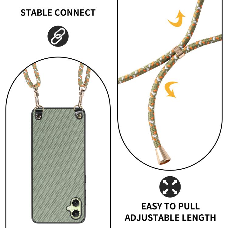 Custodia per telefono con retro in pelle con trama in fibra di carbonio e tracolla, For Samsung Galaxy A05, For Samsung Galaxy S23 FE 5G, For Samsung Galaxy A34 5G, For Samsung Galaxy A54 5G