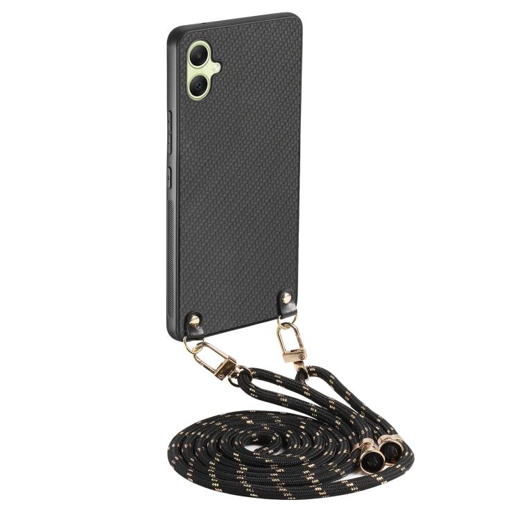 Custodia per telefono con retro in pelle con trama in fibra di carbonio e tracolla, For Samsung Galaxy A05, For Samsung Galaxy S23 FE 5G, For Samsung Galaxy A34 5G, For Samsung Galaxy A54 5G