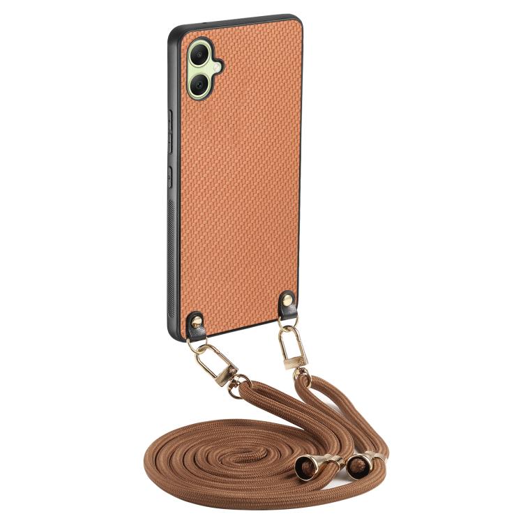 Custodia per telefono con retro in pelle con trama in fibra di carbonio e tracolla, For Samsung Galaxy A05, For Samsung Galaxy S23 FE 5G, For Samsung Galaxy A34 5G, For Samsung Galaxy A54 5G