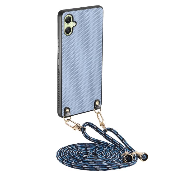 Custodia per telefono con retro in pelle con trama in fibra di carbonio e tracolla, For Samsung Galaxy A05, For Samsung Galaxy S23 FE 5G, For Samsung Galaxy A34 5G, For Samsung Galaxy A54 5G