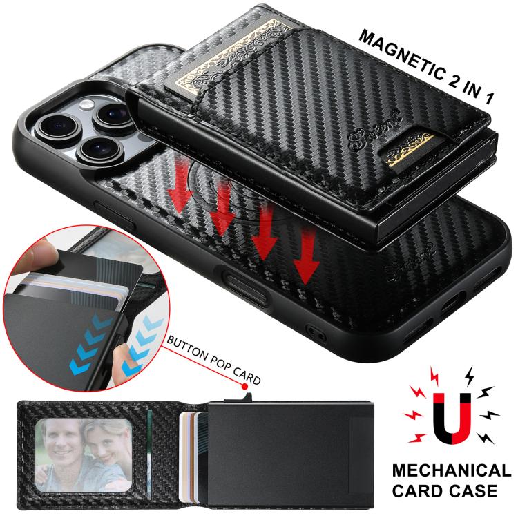Custodia per telefono Suteni H19 in fibra di carbonio 2 in 1 con scatola per carte rimovibile MagSafe, For iPhone 17 Pro Max, For iPhone 17 Pro, For iPhone 17, For iPhone Air, For iPhone 16 Pro Max, For iPhone 16 Pro, For iPhone 16 Plus, For iPhone 16 ...