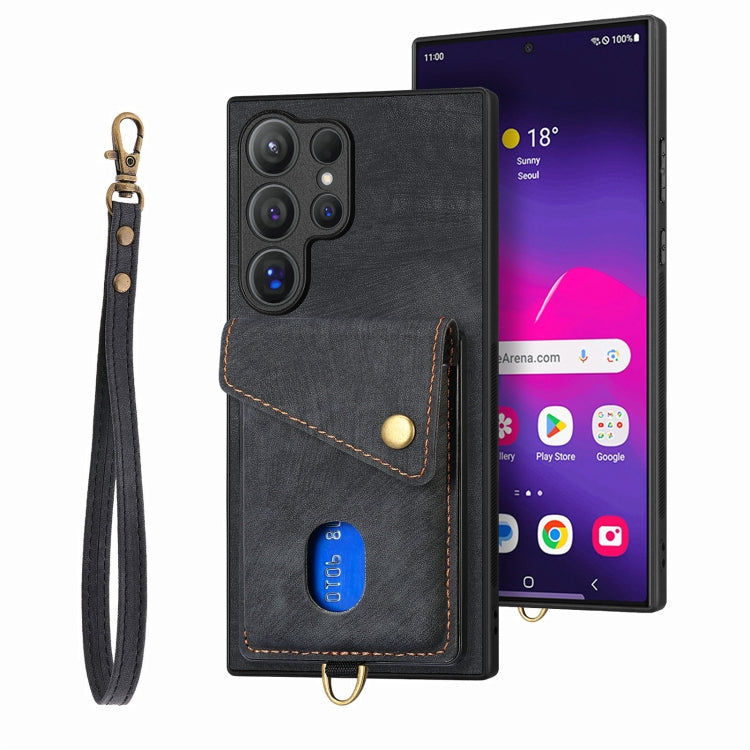 Portafoglio pieghevole in pelle con cinturino per telefono retrò, For Samsung Galaxy A36, For Samsung Galaxy S25 5G, For Samsung Galaxy S25+ 5G, For Samsung Galaxy S25 Ultra 5G