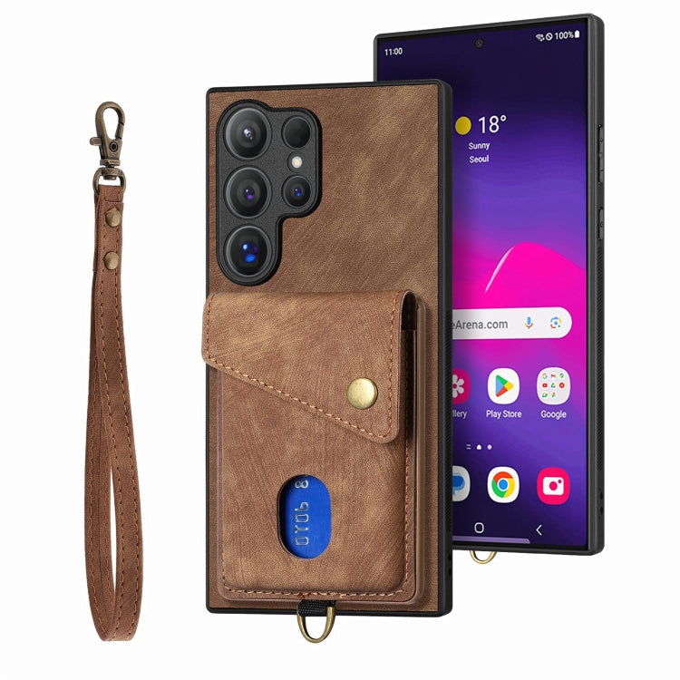 Portafoglio pieghevole in pelle con cinturino per telefono retrò, For Samsung Galaxy A36, For Samsung Galaxy S25 5G, For Samsung Galaxy S25+ 5G, For Samsung Galaxy S25 Ultra 5G