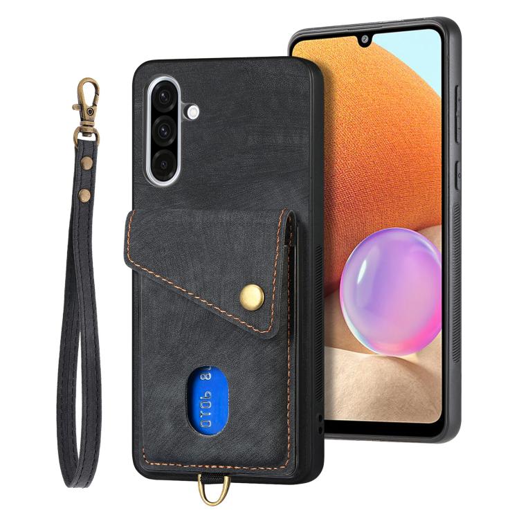 Portafoglio pieghevole in pelle con cinturino per telefono retrò, For Samsung Galaxy A36, For Samsung Galaxy S25 5G, For Samsung Galaxy S25+ 5G, For Samsung Galaxy S25 Ultra 5G