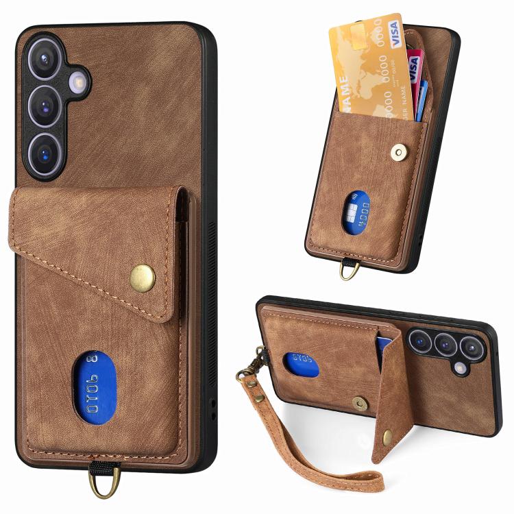 Portafoglio pieghevole in pelle con cinturino per telefono retrò, For Samsung Galaxy A57 5G, For Samsung Galaxy A37 5G, For Samsung Galaxy S25 Edge 5G, For Samsung Galaxy A56 5G