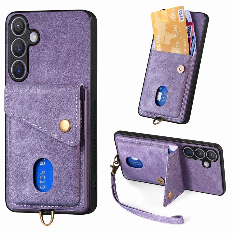 Portafoglio pieghevole in pelle con cinturino per telefono retrò, For Samsung Galaxy A57 5G, For Samsung Galaxy A37 5G, For Samsung Galaxy S25 Edge 5G, For Samsung Galaxy A56 5G