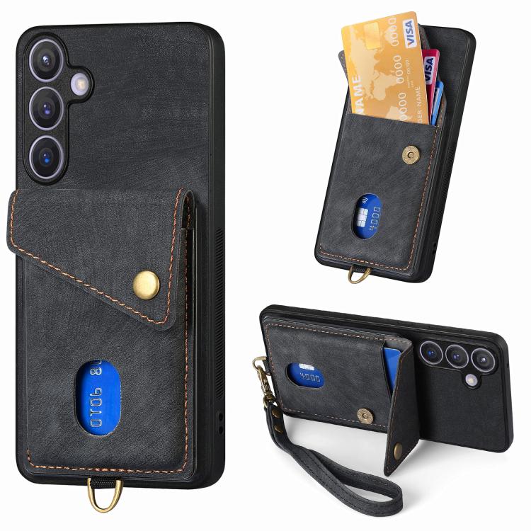 Portafoglio pieghevole in pelle con cinturino per telefono retrò, For Samsung Galaxy A57 5G, For Samsung Galaxy A37 5G, For Samsung Galaxy S25 Edge 5G, For Samsung Galaxy A56 5G