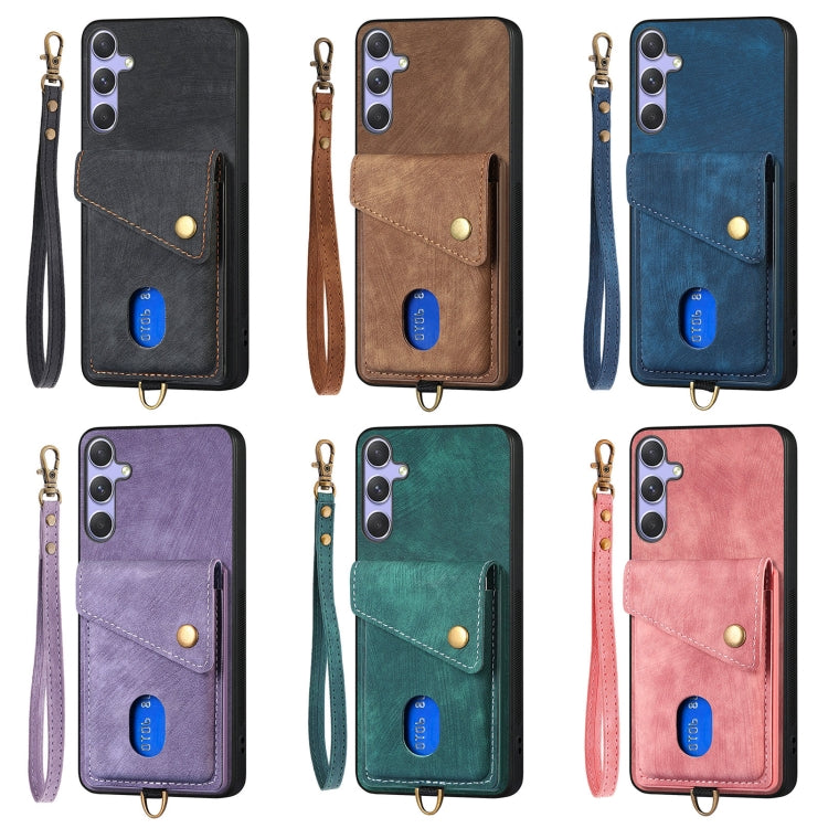 Portafoglio pieghevole in pelle con cinturino per telefono retrò, For Samsung Galaxy A57 5G, For Samsung Galaxy A37 5G, For Samsung Galaxy S25 Edge 5G, For Samsung Galaxy A56 5G