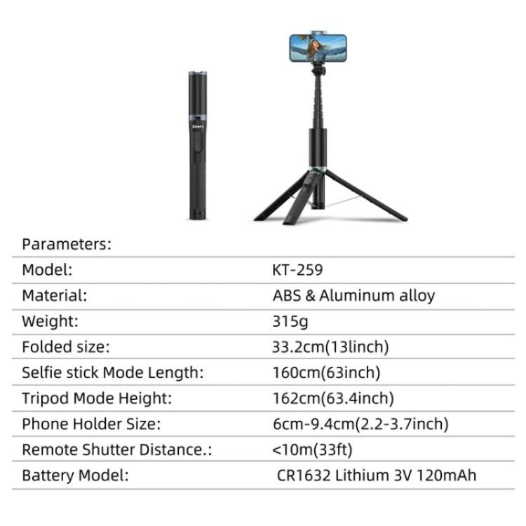 JMARY KT-259 Treppiede con clip per telefono girevole a 360 gradi e bastone per selfie retrattile, KT-259