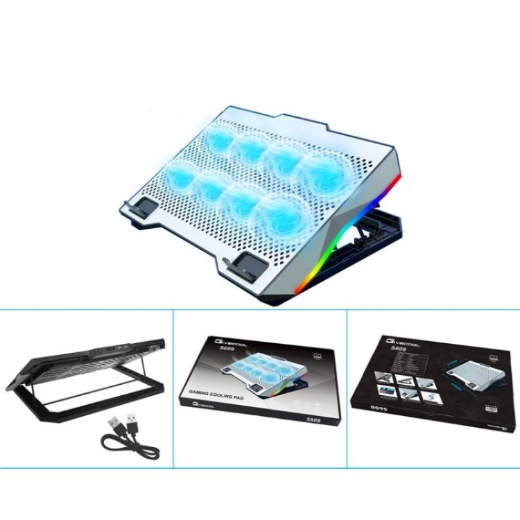 S608 RGB Light 8 ventole silenziose Supporto regolabile in altezza per laptop con supporto per telefono, S608