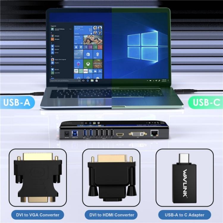WAVLINK UG49DK1 per Windows Mac Android 13 in 1 Hub USB-C Stazione di docking con doppio display, US Plug, UK Plug, EU Plug, AU Plug