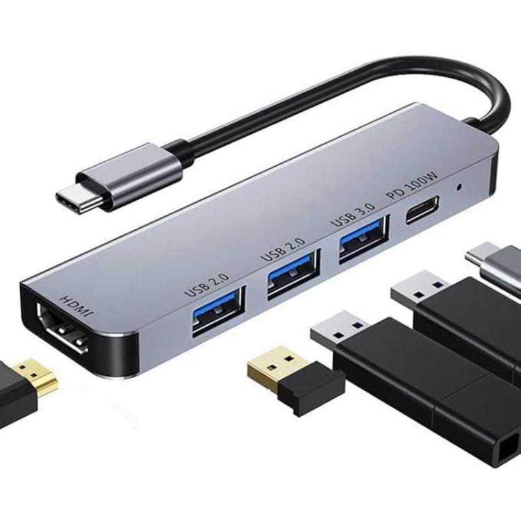 Adattatore hub multiporta da tipo C a HDMI, hub USB C 5 in 1 con display HDMI 4K, USB 3.0, ricarica PD da 100 W