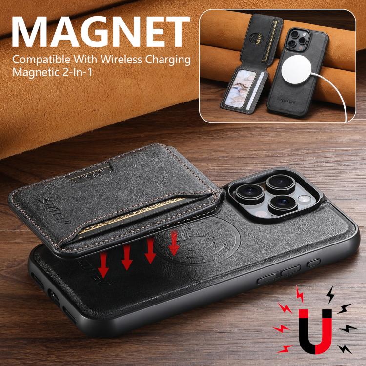 Suteni M3 Card Bag MagSafe Custodia per telefono in pelle di mucca, For iPhone 16 Pro, For iPhone 16 Plus, For iPhone 16, For iPhone 15 Pro Max, For iPhone 15 Pro, For iPhone 15 Plus, For iPhone 15, For iPhone 14 Plus