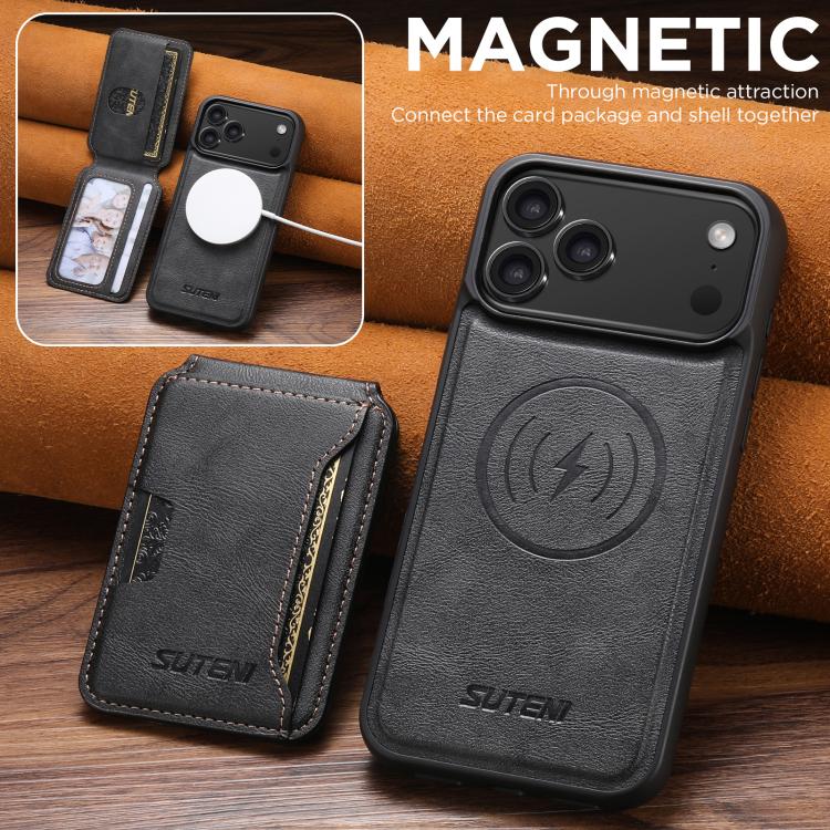 Suteni M3 Card Bag MagSafe Custodia per telefono in pelle di mucca, For iPhone 18, For iPhone 18 Pro, For iPhone 18 Pro Max, For iPhone 17 Pro Max, For iPhone 17 Pro, For iPhone 17, For iPhone Air, For iPhone 16 Pro Max
