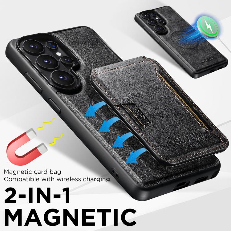 Suteni M3 Card Bag MagSafe Custodia per telefono in pelle di mucca, For Samsung Galaxy S26 Ultra 5G, For Samsung Galaxy S25 Ultra 5G, For Samsung Galaxy S24 Ultra 5G, For Samsung Galaxy S23 Ultra 5G, For Samsung Galaxy S22 Ultra 5G