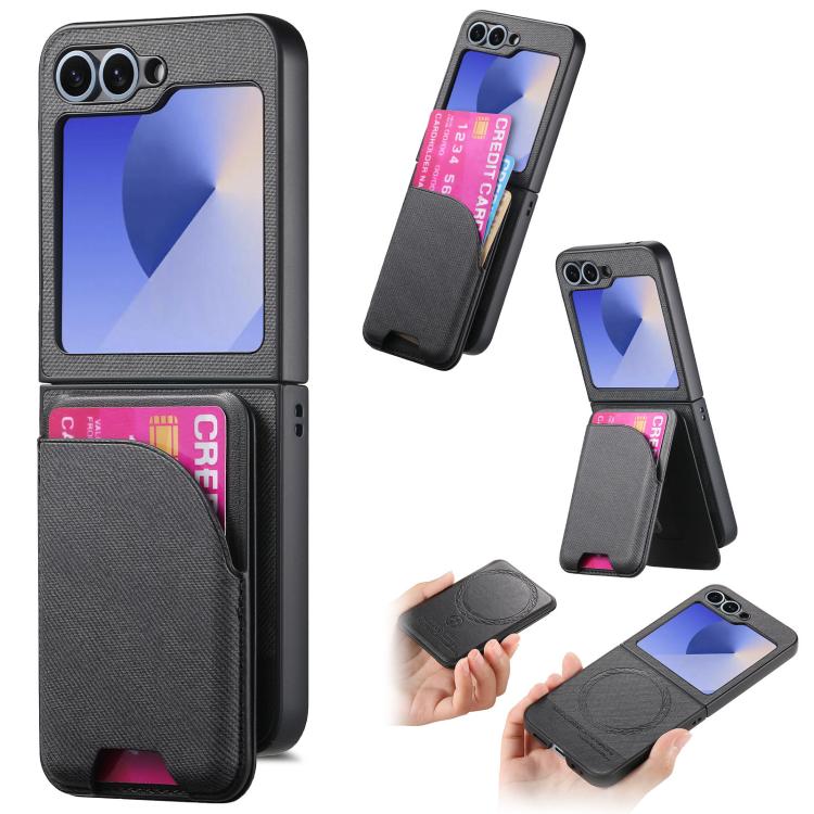 Custodia per telefono con retro magnetico in pelle e tessuto twill, For Galaxy Z Flip5, For Galaxy Z Flip4, For Galaxy Z Flip3 5G